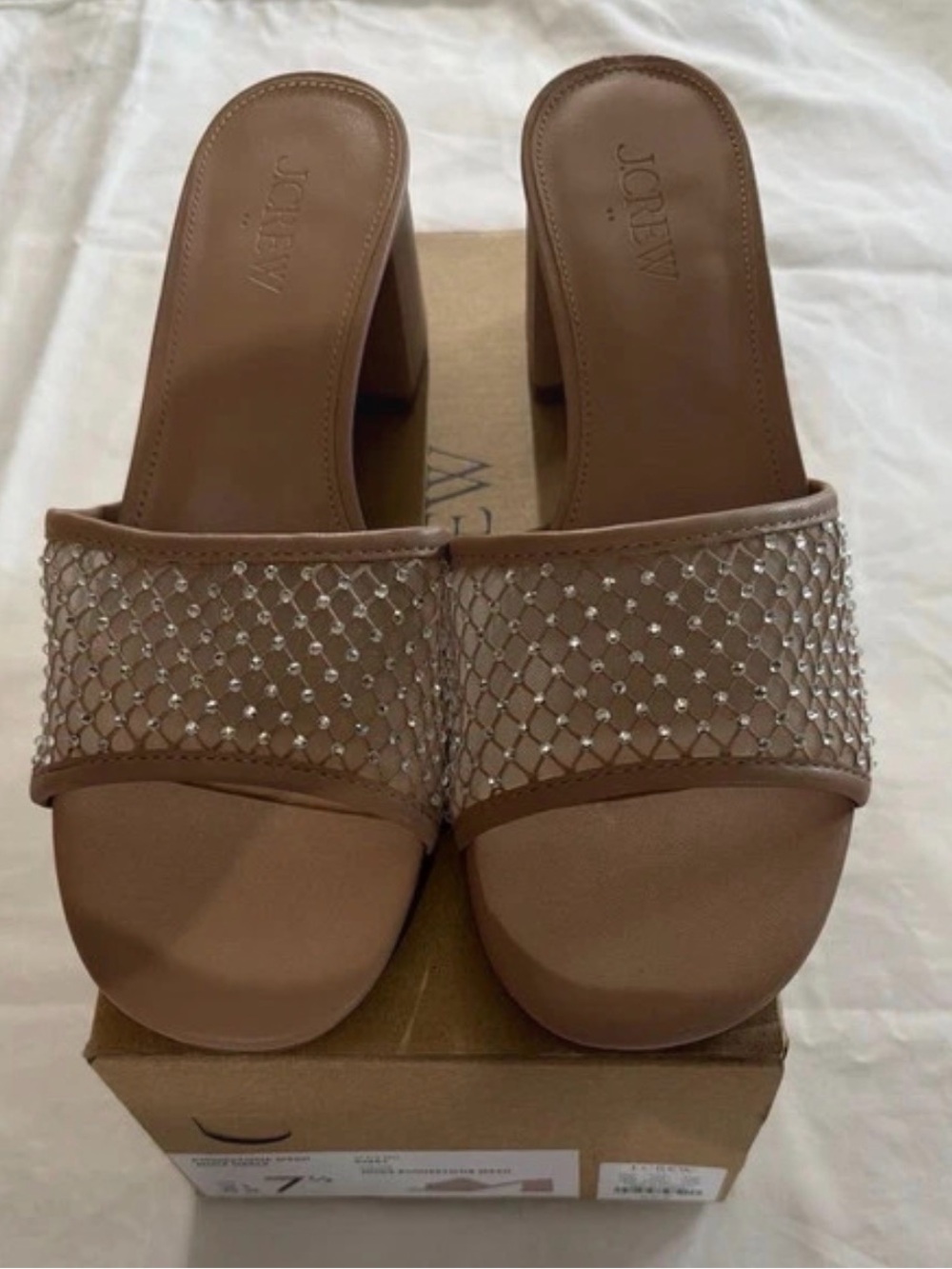 J. Crew Tan Mesh Crystal Slide Heels